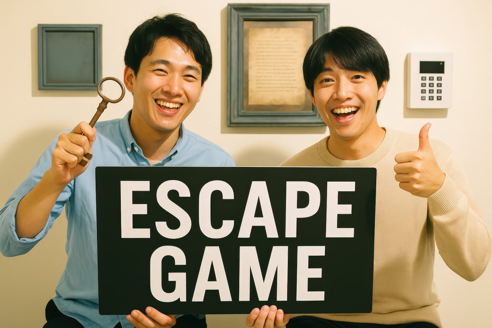 脱出ゲームのボードと鍵を持ちポーズをとる若い男性たち