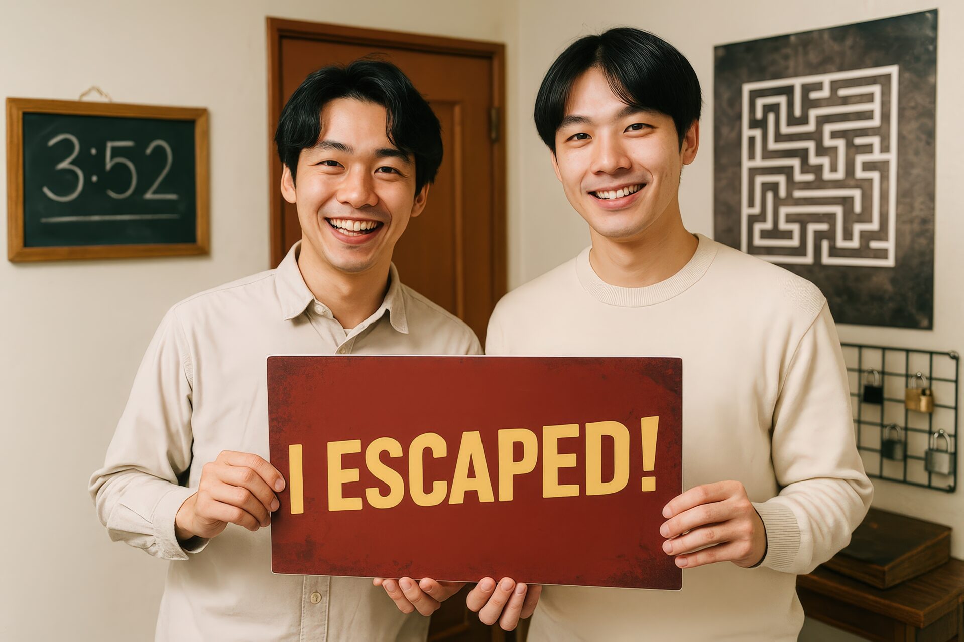 脱出成功のボードを持って笑顔を見せる若い男性たち