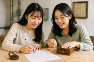 謎解きの紙とパズルボックスに取り組む若い女性たち