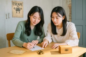 脱出ゲーム中に協力して問題を解く若い女性たち