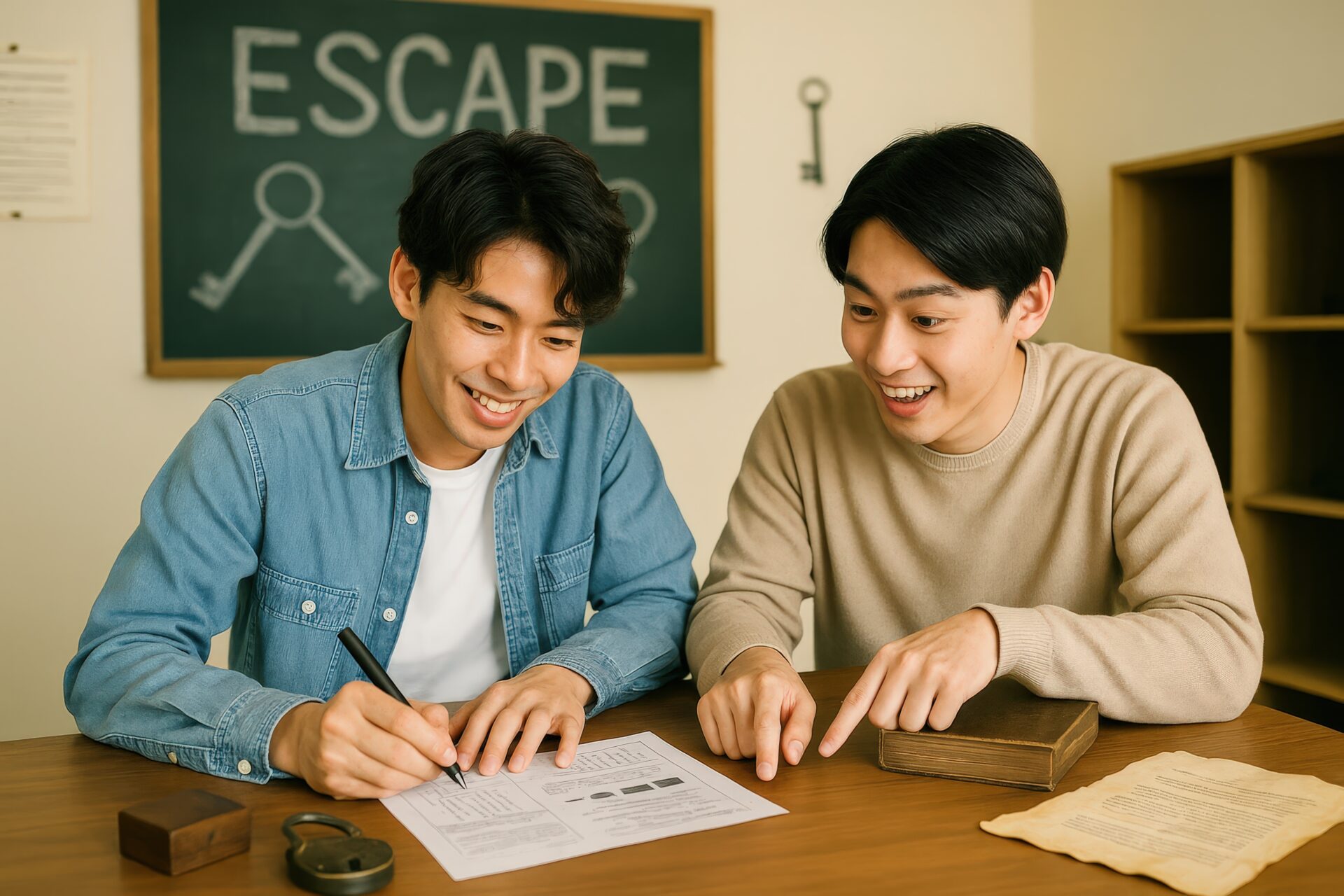 脱出ゲーム中に協力して謎を解く若い男性たち