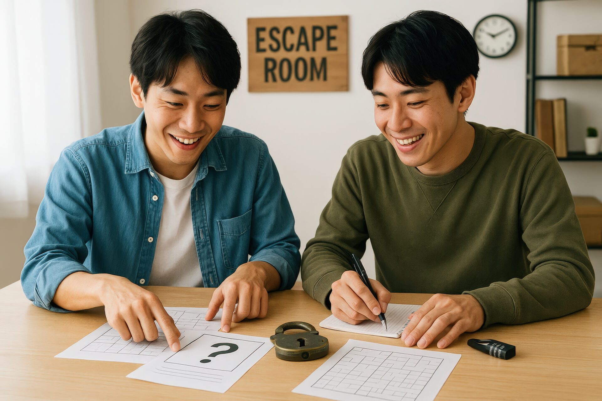 脱出ルームでパズルに取り組む若い男性たち