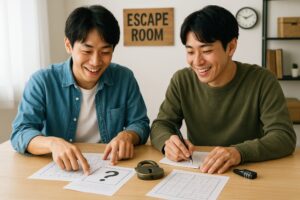 脱出ルームでパズルに取り組む若い男性たち