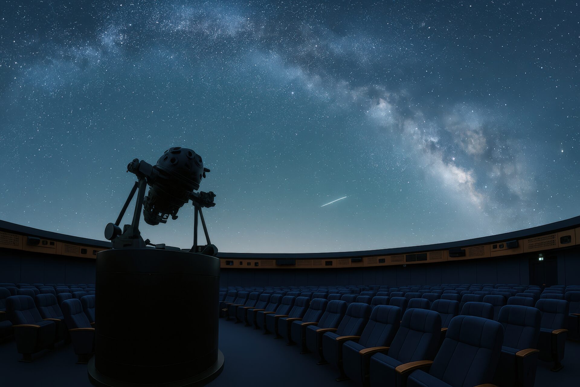 星空の映像と投影機があるプラネタリウムの室内