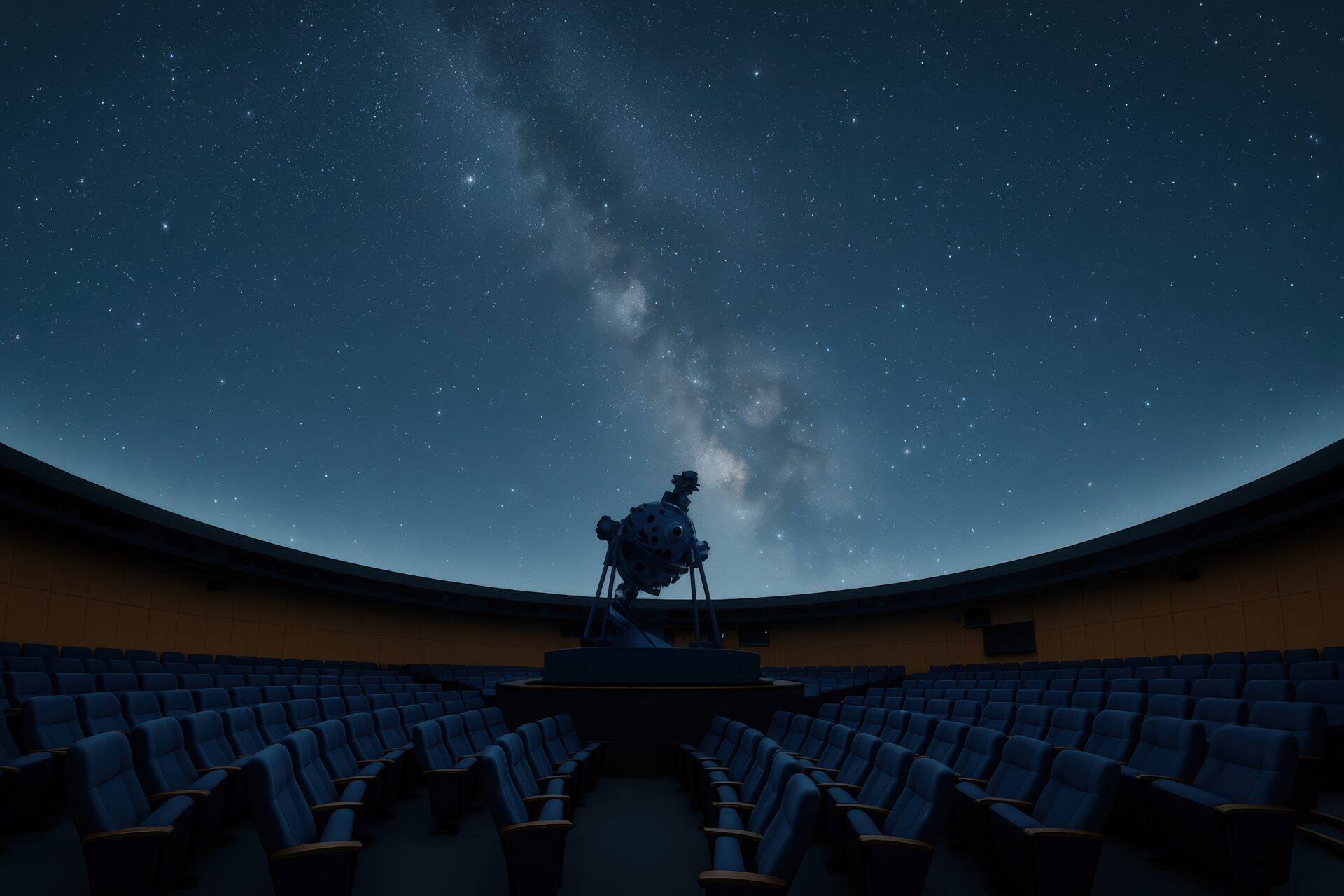 満天の星が広がるプラネタリウムの天井と投影機