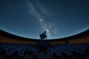 満天の星が広がるプラネタリウムの天井と投影機