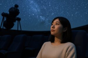 星空を見上げる女性の横顔とプラネタリウムの投影機