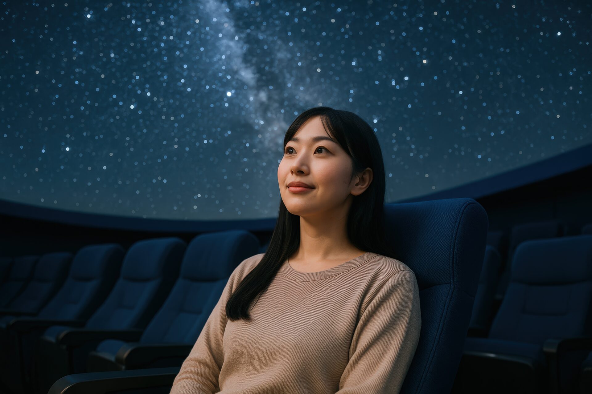 星空のプラネタリウムで鑑賞を楽しむ若い女性