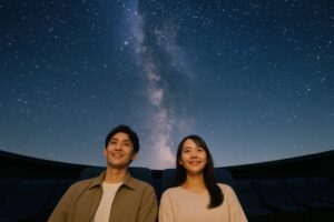プラネタリウムで星空を見上げる若い男女