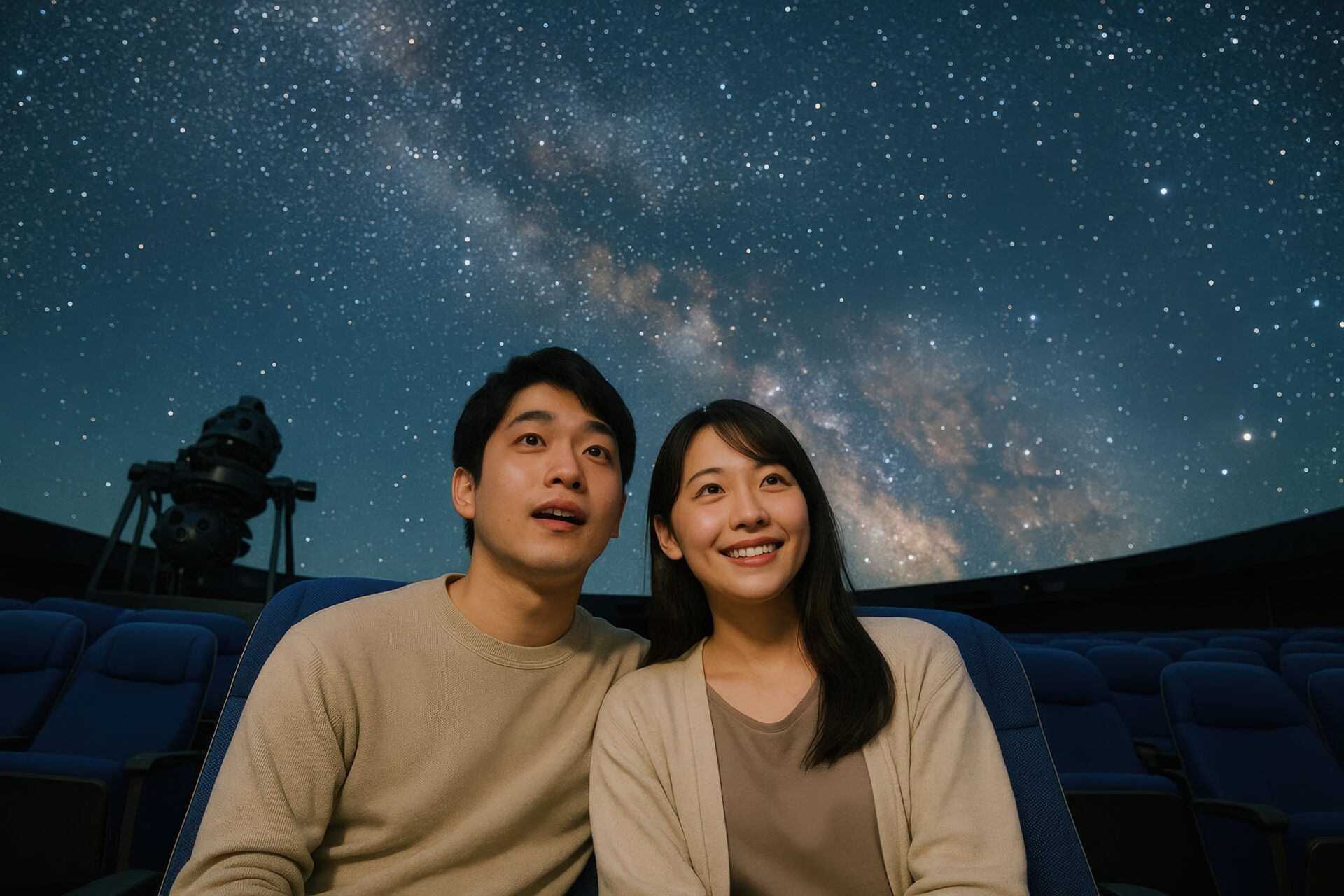 星空を見ながら並んで座る笑顔の若い男女