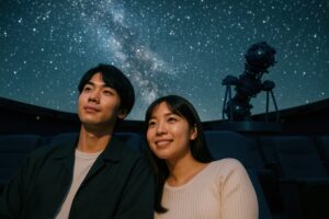 投影機のあるプラネタリウムで星を楽しむ若い男女