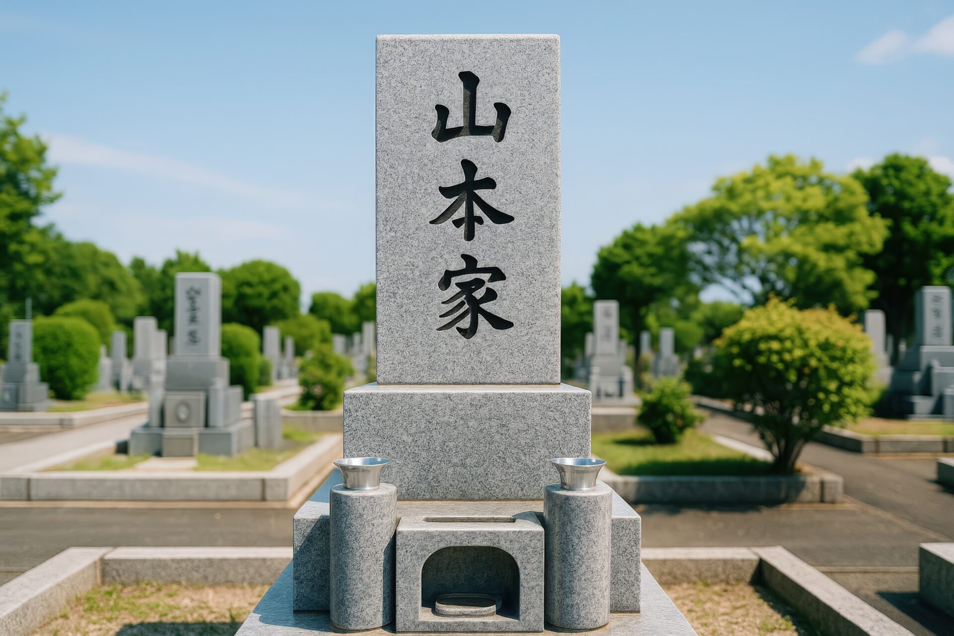 山本家の墓石と夏の墓地風景