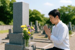 墓前で手を合わせる若い男性