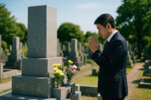 スーツ姿で墓参りをする男性