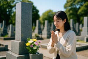 墓前で手を合わせる若い女性