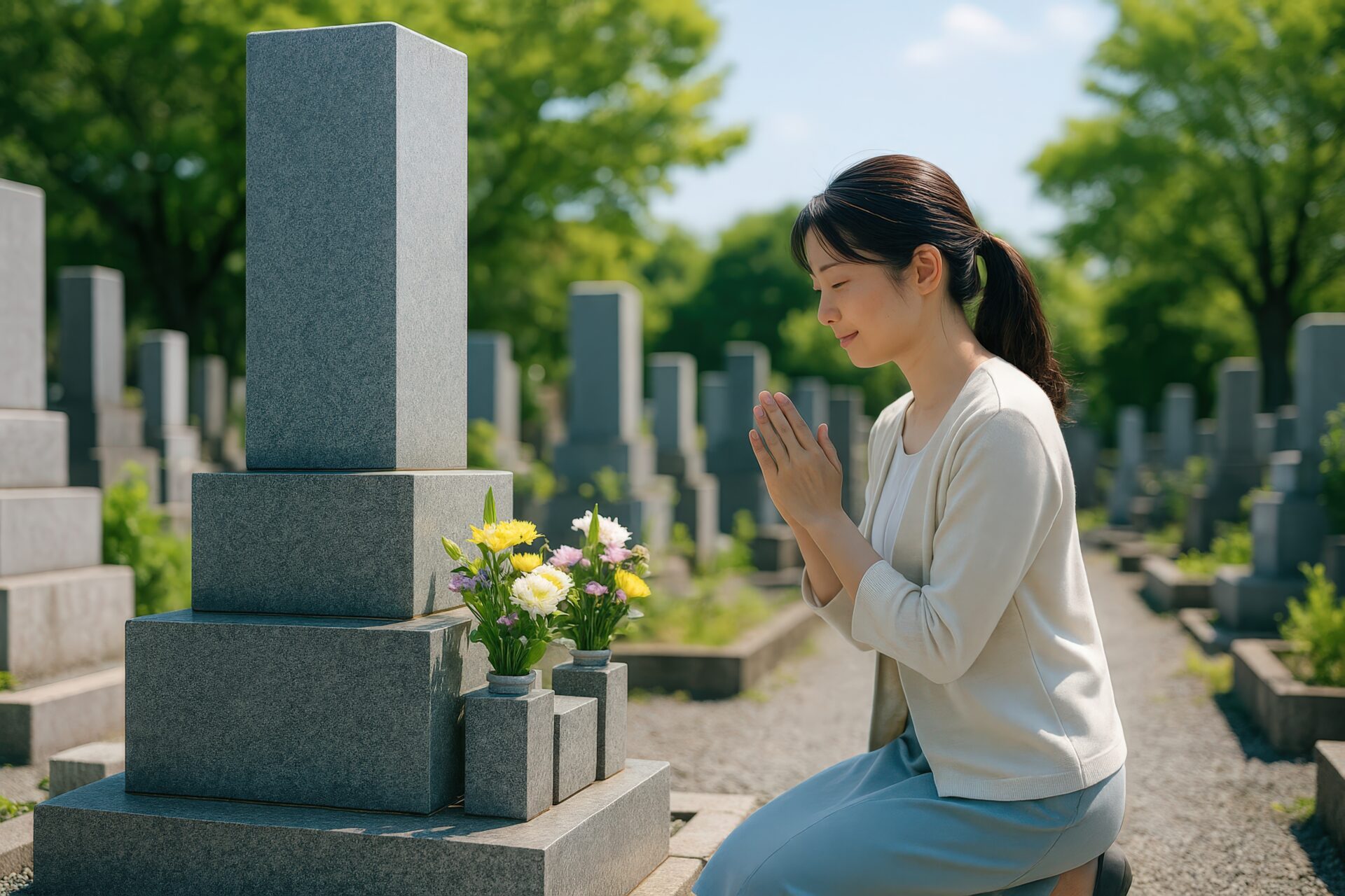 墓参りで祈る笑顔の若い女性