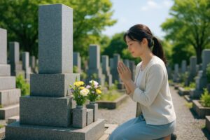 墓参りで祈る笑顔の若い女性