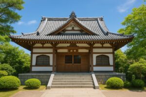 青空の下に建つ日本の伝統的な仏教寺院