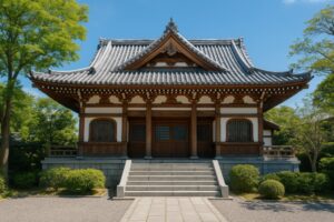 木造建築の日本寺院と石段の正面構図