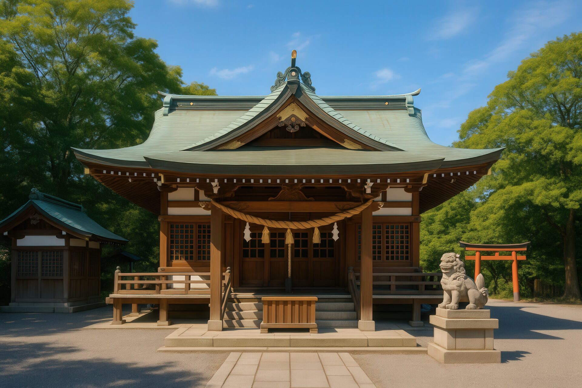 狛犬と鳥居がある神社の拝殿と緑に囲まれた境内