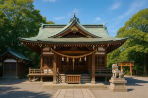 狛犬と鳥居がある神社の拝殿と緑に囲まれた境内