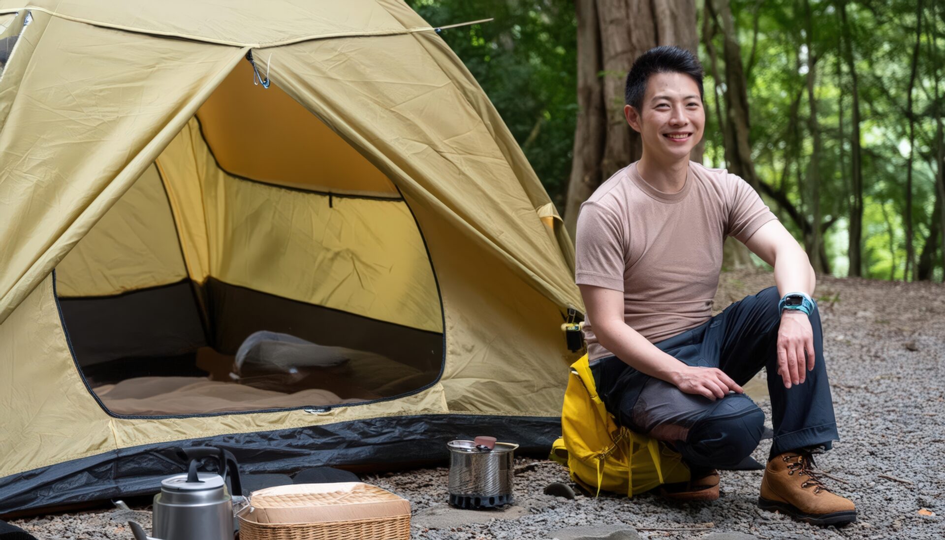 キャンプ場で食器を置いたテントの横に座る男性