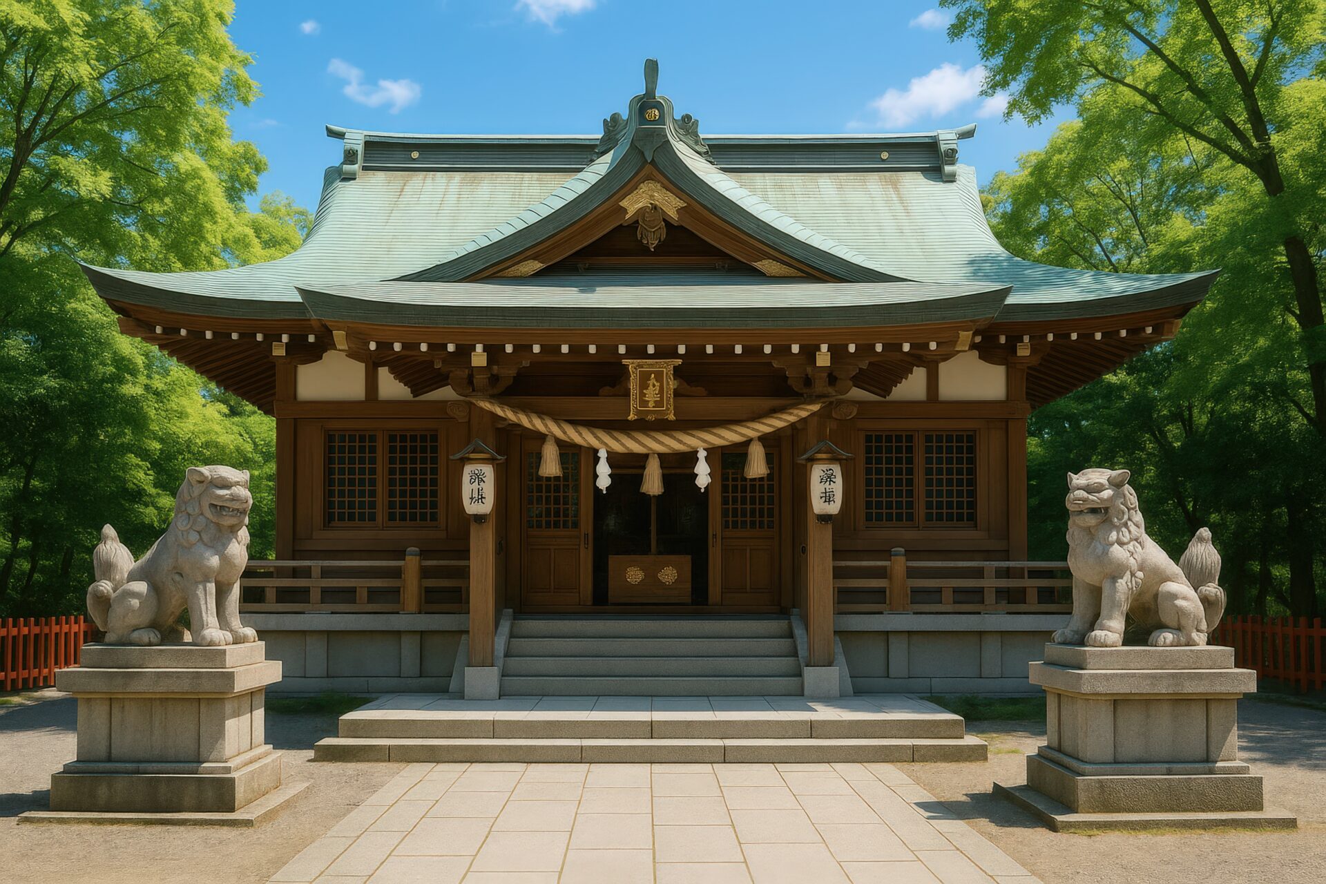 石造りの狛犬が並ぶ神社の拝殿と参道