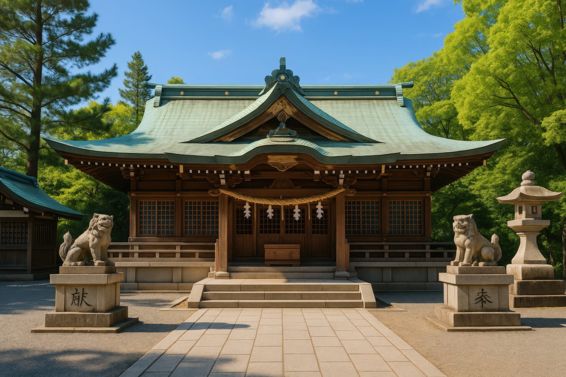 青空と木々に囲まれた神社の拝殿としめ縄