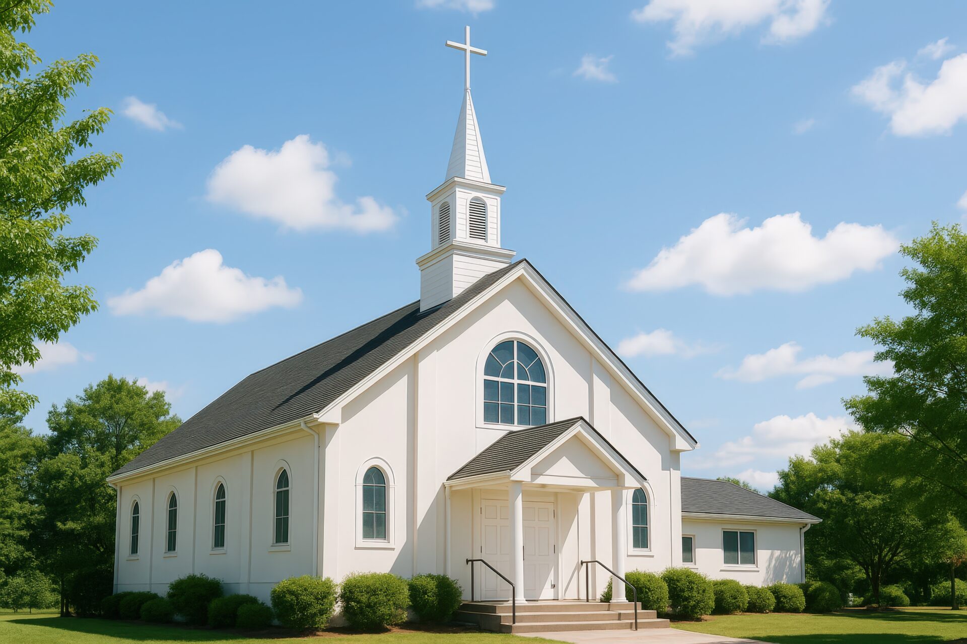 芝生に囲まれた白い教会と青空