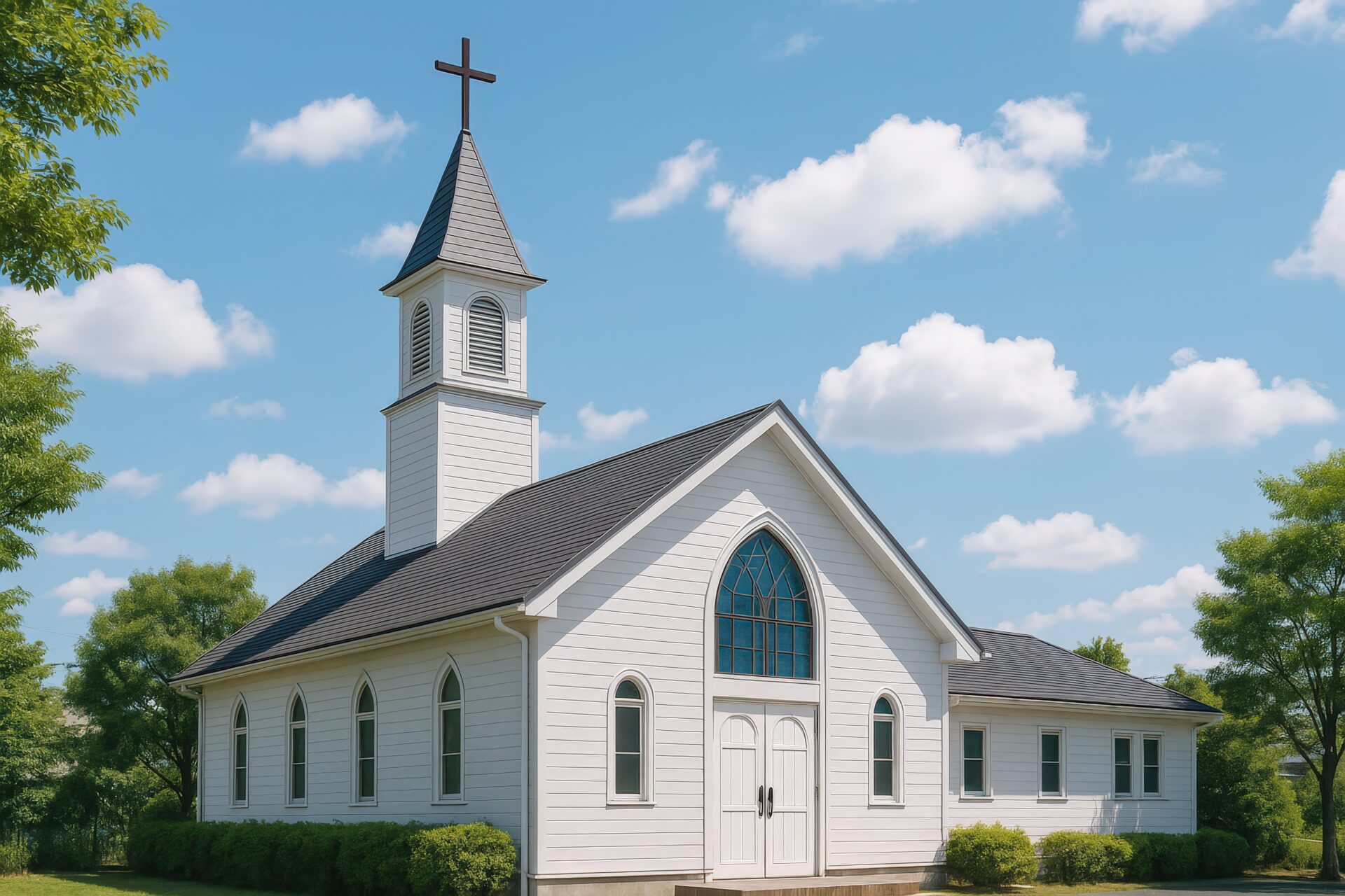 三角屋根と十字架が特徴的な白い木造教会