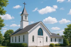 三角屋根と十字架が特徴的な白い木造教会