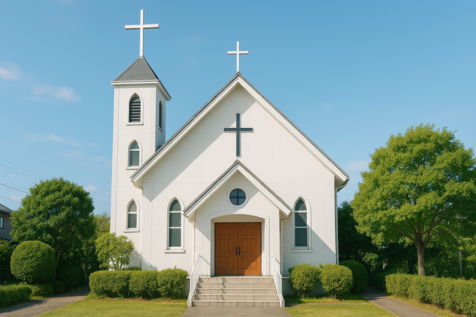 正面に十字架を掲げた白い教会と緑豊かな庭