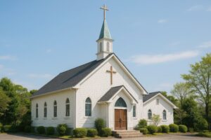 木造の扉と尖塔がある白い教会と青空の風景