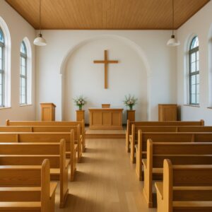 木製のベンチが並ぶ十字架のある教会の内観