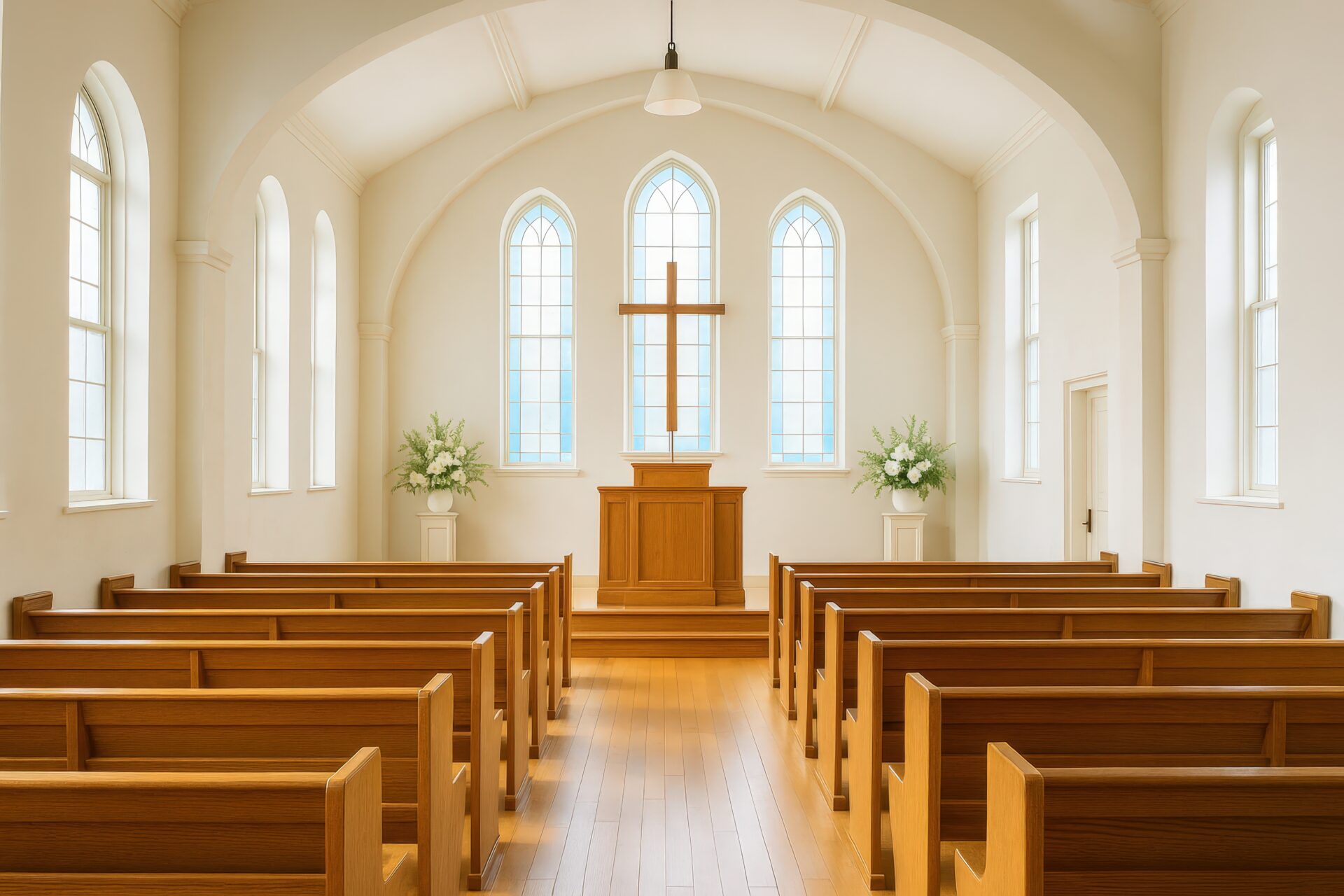 明るい窓と十字架が印象的な白い教会の内装