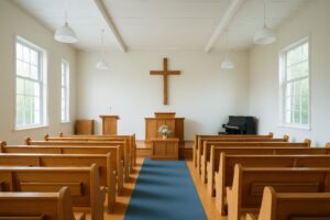 木のぬくもりが感じられるシンプルな教会の内観