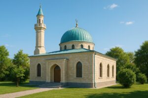 緑のドームとミナレットが特徴的なモスクの外観