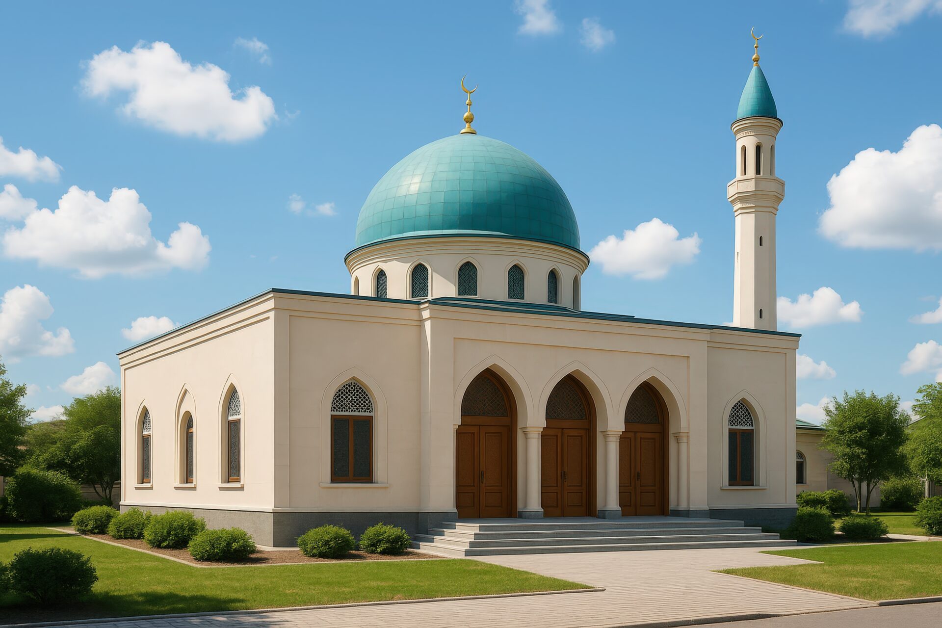 青いドームとミナレットを備えたモスクと青空
