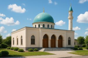 青いドームとミナレットを備えたモスクと青空