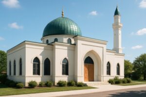 白い外壁と緑のドーム屋根が美しいモスクの正面