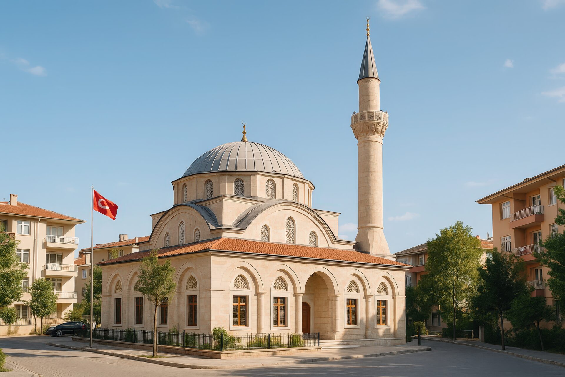 トルコ国旗が掲げられた街中のモスクと青空
