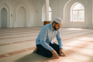 明るいモスクの中で礼拝する若い男性