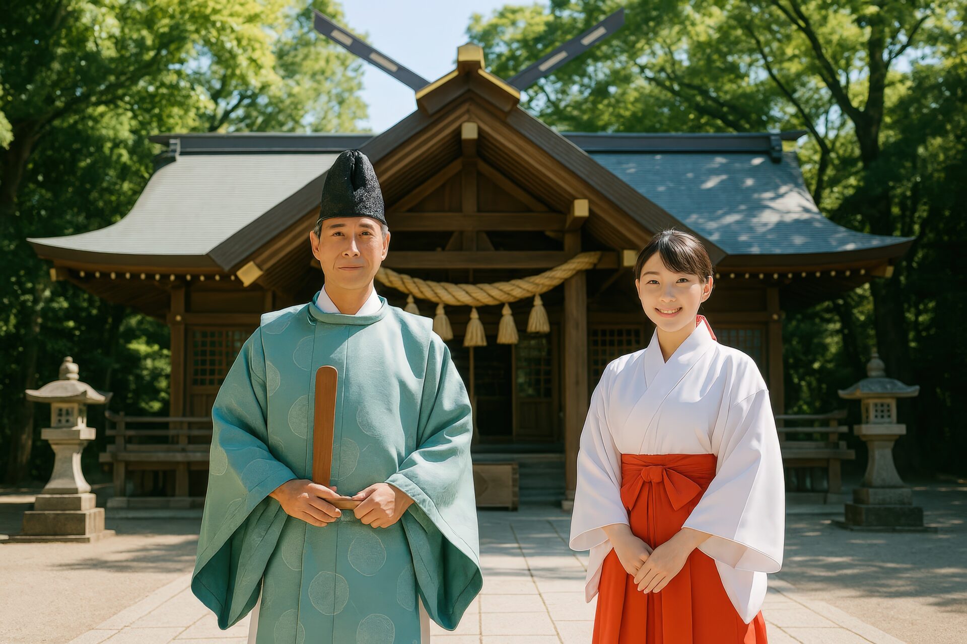 神社の前で立つ神職と巫女の男女