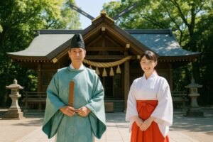 神社の前で立つ神職と巫女の男女