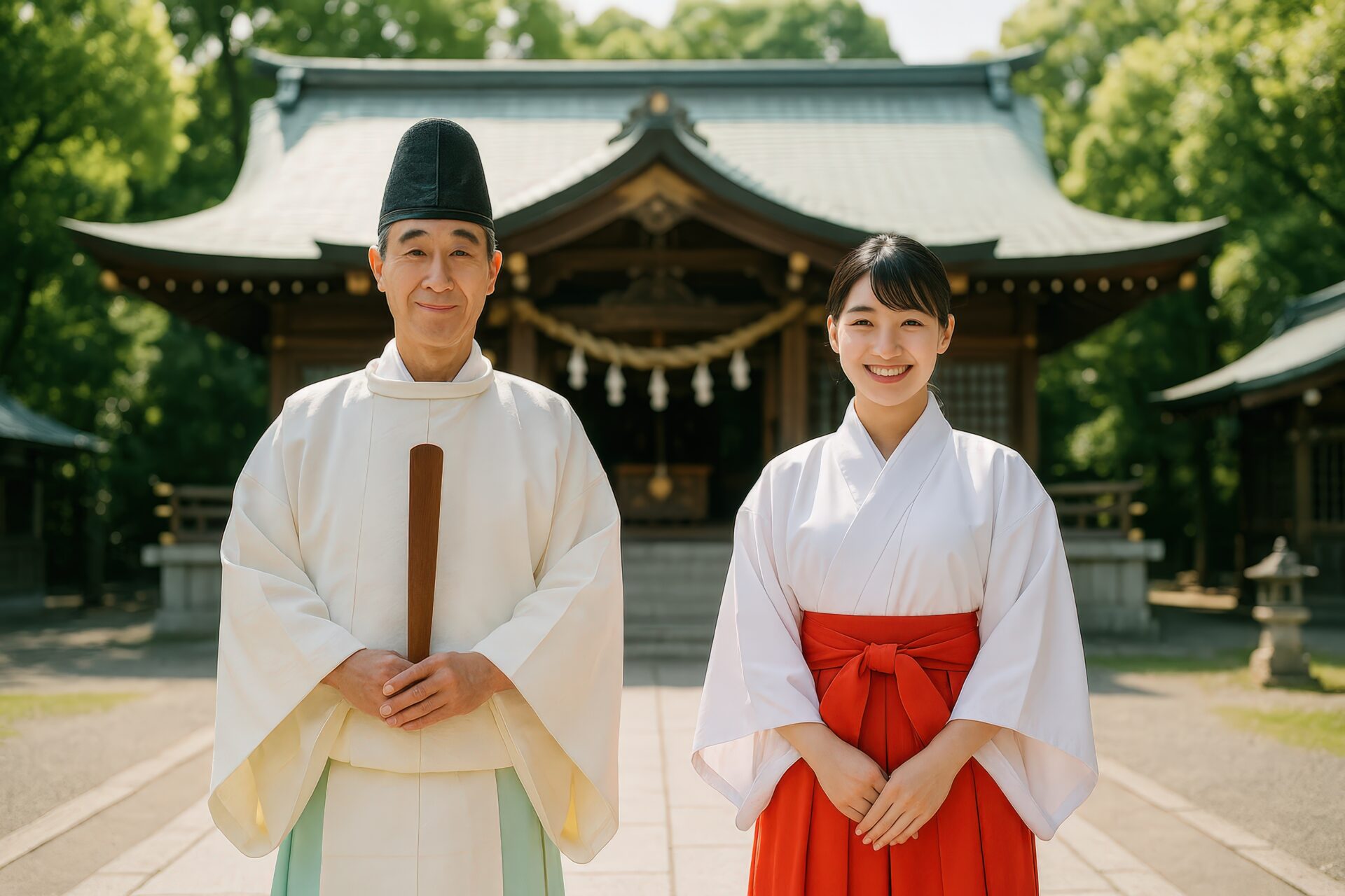 伝統的な神社の前で並ぶ神主と巫女