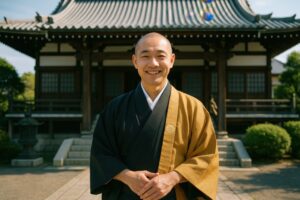 寺院の前で笑顔を見せる僧侶の男性
