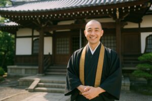 和風寺院を背景に立つ僧侶の男性
