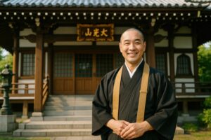 山光大の看板の前で微笑む僧侶の男性