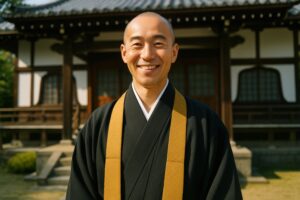 和風建築の寺の前で笑顔を見せる僧侶の男性