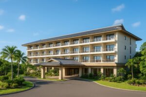 南国風の植栽に囲まれたリゾートホテルの外観